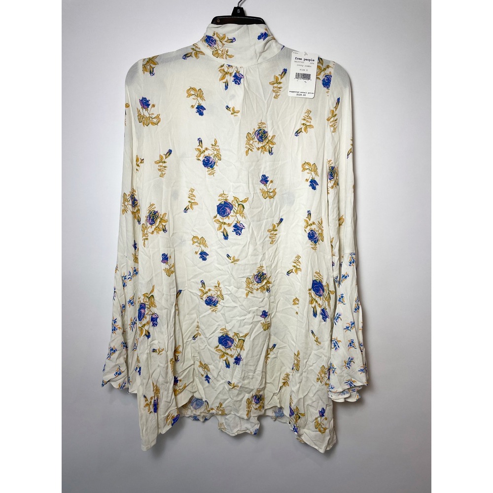 NWT Free People Tate Floral Bell Sleeve Tunic Top Ivory S Women Mock Neck Cutout - Picture 2 of 10